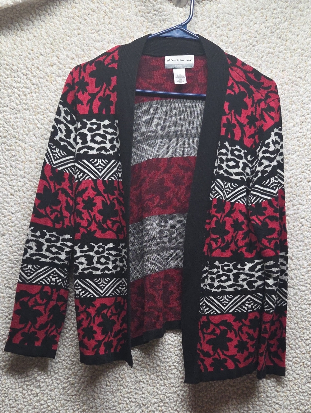 Alfred Dunner Red Black White Patterned Open Cardigan